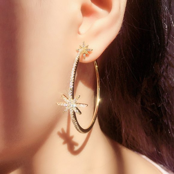 NEW Silver/Gold Diamond Double Star Hoop Earrings - Picture 4 of 5